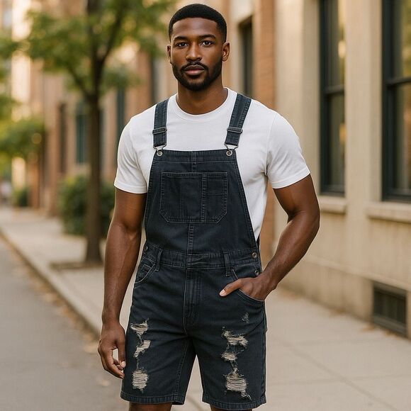 Red Ox Jeans Men's Distressed Denim Overalls Blue Size L Adjustable Straps - Picture 1 of 9